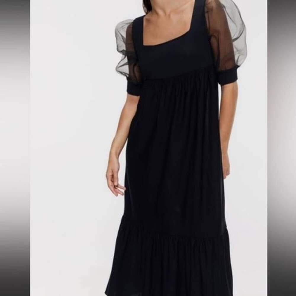 Zara Maxi Dress Size S Black Organza Puff Sleeve Tiered
